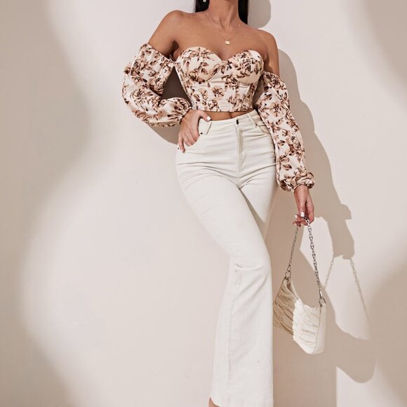 Multicolor Boho Women's Off Shoulder Floral Print Lantern Sleeve Crop Top - Picture 6 of 6